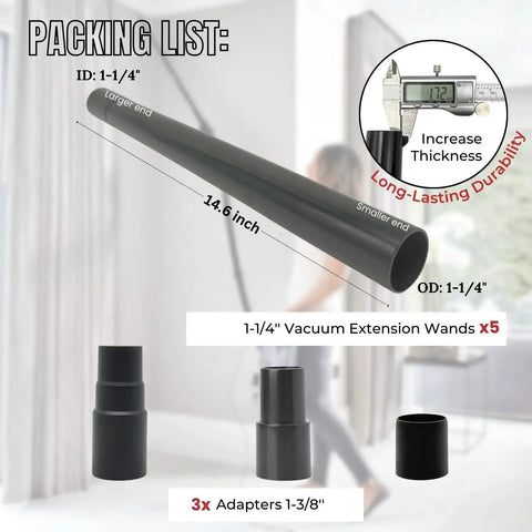 Five Pack 1.25 Inch Vacuum Extension Wands With 1.38 Inch To 1.25 Inch Hose Adapter For 32mm And 35mm Vacuum Cleaners Extension Tubes Accessories And Replacement Pipe Tubes, showing wand dimensions and adapter types.