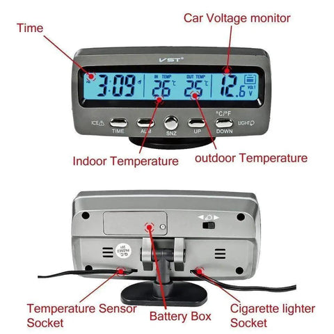 Front and rear view of 4 In 1 LED Car Monitor Clock Temperature Voltage Backlit Display 12V showing buttons and connectors.