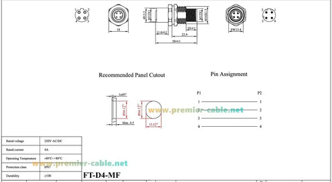 Technical diagram of Bulkhead M12 D Code 4 Pin Male To Female Connector IP67 Shielded Wall Pass Thru Panel Mount Socket