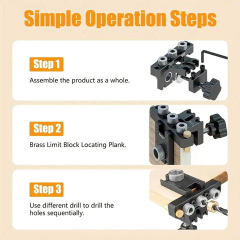 Operation steps for Three In One Dowel Jig Kit With Self Centering Pocket Hole Jig, showing assembly and use on wood.