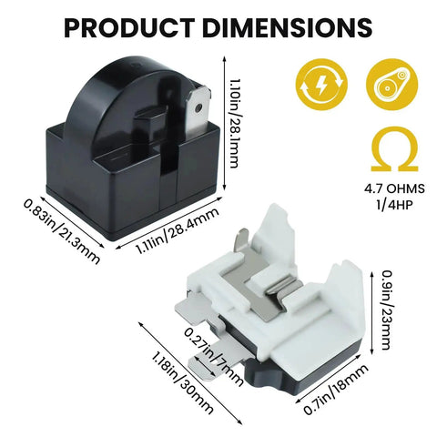 QP2-4r7 Refrigerator Starter Relay and Overload Protector Kit with product dimensions and specs display