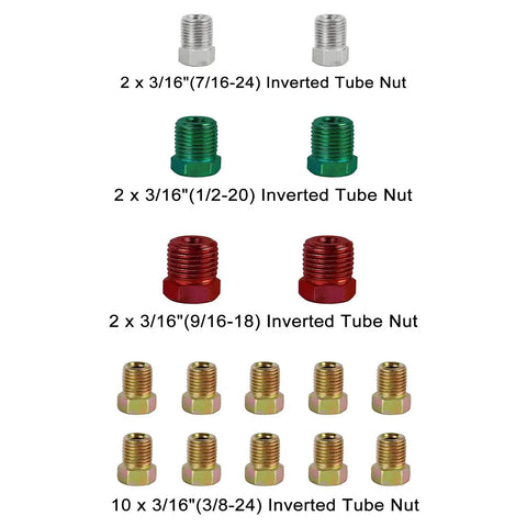 Assorted 3/16 in inverted tube nuts kit: 2 silver 7/16-24, 2 green 1/2-20, 2 red 9/16-18, 10 gold 3/8-24
