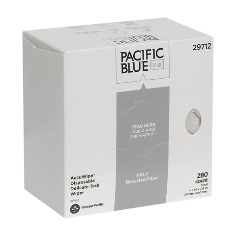 Box of Delicate Task Wipes Recycled Light Duty 1 Ply 4.5x8.25 Inches, 280 count, white packaging with tear here label