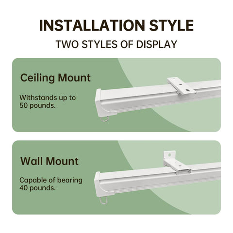 9ft Ceiling Curtain Track System Heavy Duty Aluminum Rail for Sliding Curtains with Wall or Ceiling Mount, white installation.