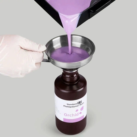 Pouring resin through Stainless Steel Resin Funnel With Filter Cup For MSLA DLP LCD 3D Printers Aids Resin Recycling And Filters Out Foreign Resin Chunks For Clean Smooth Prints Every Time into bottle