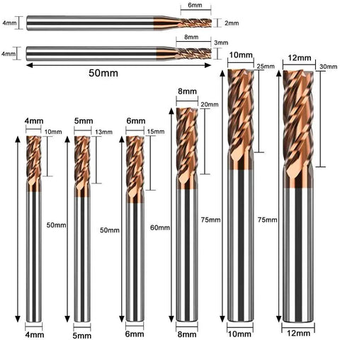 Eight Piece Carbide Square End Mill Set Two To Twelve Mm Beefy Four Flute Micro Grain Cutters For Alloy And Hardened Steels Heavy Duty HRC55 AlTiN Coated CNC Milling Cutter For Hard Metal, showing various sizes and dimensions.