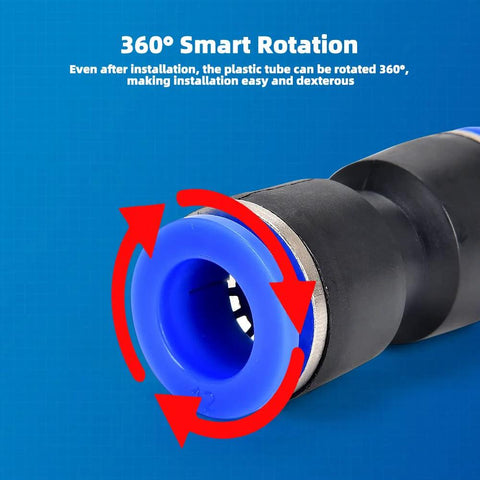 Quick-connect air hose fitting with blue release collar on a black tube for 1/4 in tubing