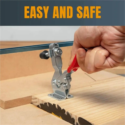 16 Pc Quick Release Horizontal Toggle Clamp Set 225D With Anti Slip Rubber Pressure Tips in use on a wooden fixture