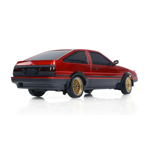 One Eighteen Scale RC Drift Car With Gyro Stabilization In Vintage Red, rear view, showcasing realistic design and multi link chassis.
