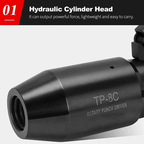 Hydraulic cylinder head of Portable Manual Hydraulic Hole Punch Kit With Six Dies, shown in black finish with Rotary Punch Driver label.