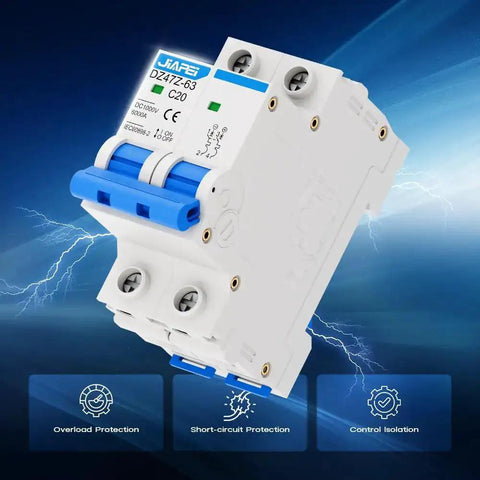 Miniature Circuit Breaker 1000V 2 Pole 20 Amp Isolator For Solar PV Systems with lightning graphics, front view