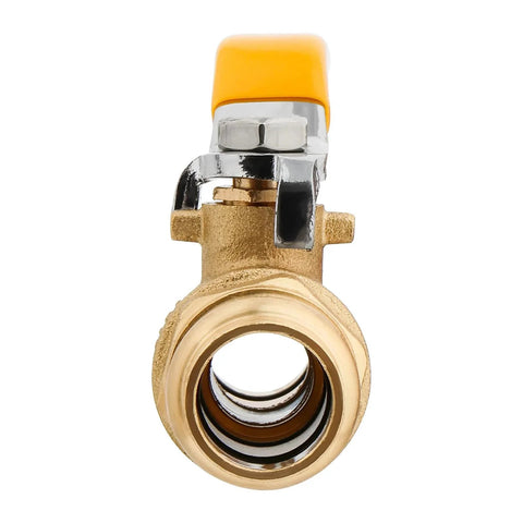 Front view of Ultra Durable Upgraded Half Inch Press Ball Valve 2 Pack For Copper Tubing Lead Free Brass with yellow handle and EPDM O rings.