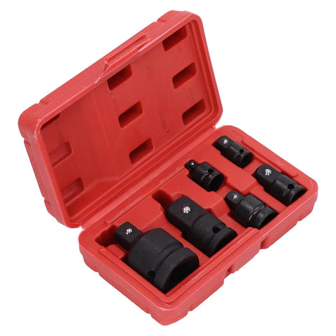 Socket Adapter Set With Chrome Tungsten Steel Construction, Impact Drive Adapters In 1 Quarter, 3 Eighth, 1 Half And 3 Quarter Inch Sizes in red storage box