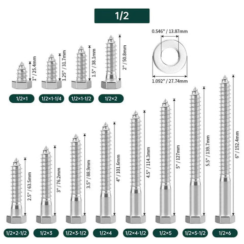 Half Inch By Two And Half Inch Hex Head Lag Screws With Flat Washers Eight Sets In 304 Stainless Steel 18 8 Partial Thread