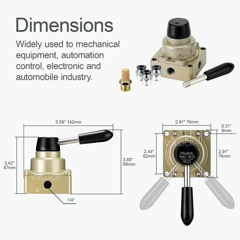 Rotary Lever Hand Valve HV-02 Three Position Four Way 1/4 Inch NPT dimensions and components diagram with aluminum alloy body.