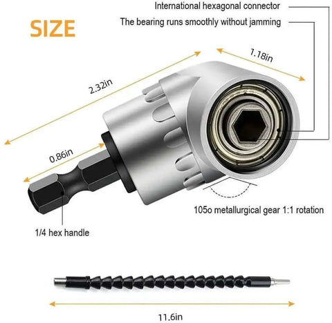 Flexible Drill Bit Extension Kit With 105 Degree Right Angle and Bendable Extension showing sizes and components