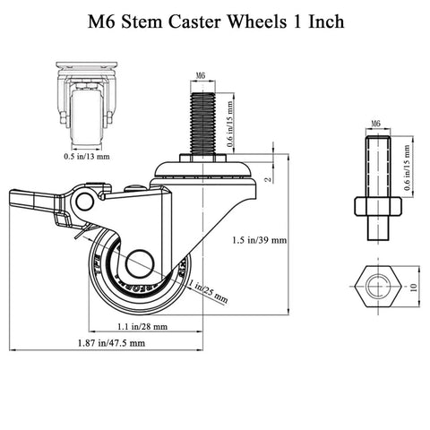 Technical drawing of 1 Inch Caster Wheels With Threaded Stem M6x15mm Swivel Casters With Brakes Set Of 4 Non Marking Rubber Rollers