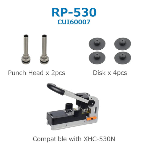 Replacement Punch Kit For Heavy Duty Two Hole Punches Includes Two Hardened Punch Heads Four Plastic Disks And One Quarter Inch Hole Capability Compatible With Model XHC 230 Built For Quick Durable Punching That Your Office Needs displayed with components and compatibility details.