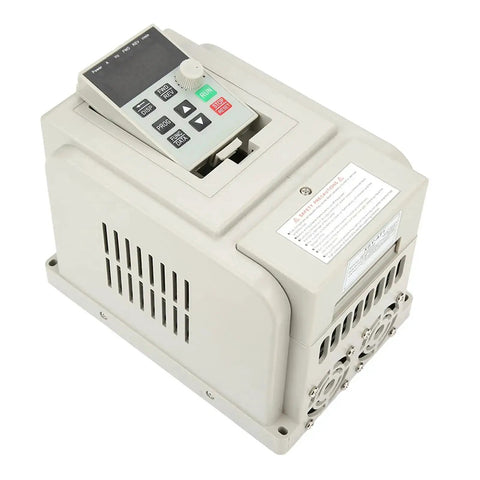 Rugged 2.2kW Variable Frequency Drive VFD for 120V to 220V single phase and 3 phase motors with easy terminal wiring and big heat sink.