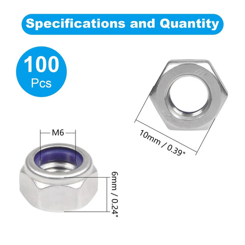 Image of 100 Pack M6 Nylon Insert Lock Nuts Self Locking Hex Nuts, Yinpecly 304 Stainless Steel, M6x1.0mm Thread, dimensions visible