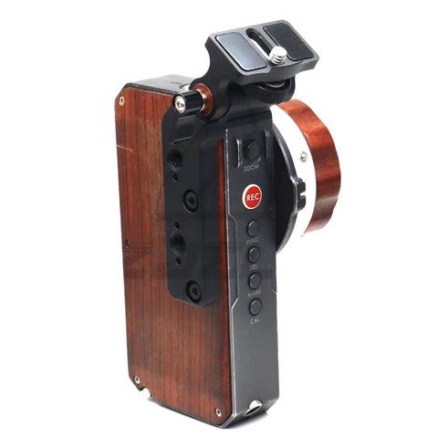 Side view of Monitor Bracket Mount For SmallHD Vaxis Onboard Monitor And Tilta Nucleus M Focus Motor Hand Unit with wood finish