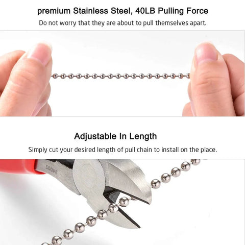 Hands showing Stainless Steel Bead Pull Chain Extension 15 Feet With 3.2mm Diameter Size 6 Rustproof And Strong Pulling Force Over 40 Lbs.