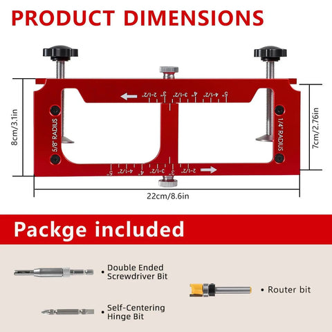 Heavy Duty Aluminum Door Hinge Jig Kit With Adjustable Mortise Template dimensions and included parts