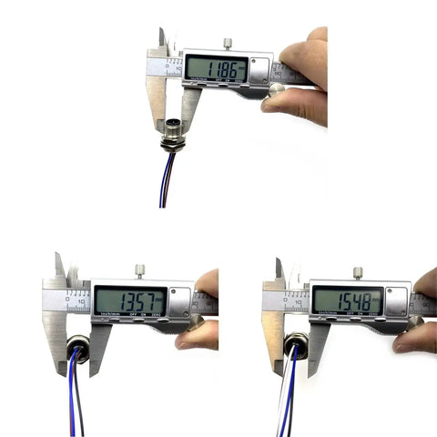 Caliper measuring dimensions of the 2 Pack M12 5 Pin A Coded Male Connector Cable IP67 Waterproof Back Mount Straight Unshielded Aviation Socket