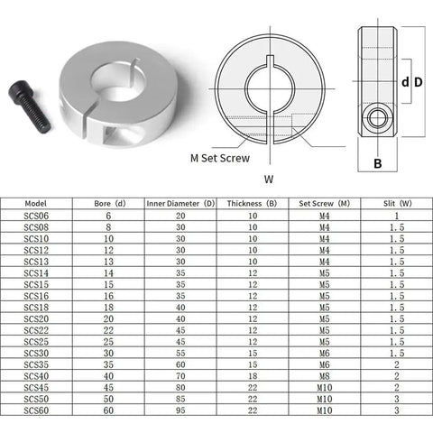 Diagram and specifications of 8mm Bore Shaft Collars Pack Of 4 For Linear Rails With 30mm Outer Diameter And 10mm Thick, M4 Set Screw