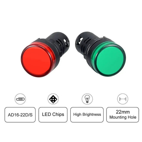 Two Pack Red And Green LED Indicator Lights AC/DC 110V 22mm Panel Mount For Electrical Control Panels HVAC And DIY Projects
