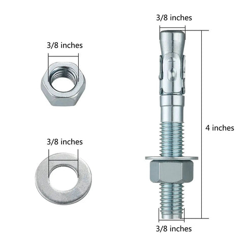 Three Eighths By Four Inch Ten Piece Set Standard Fasteners For Heavy Duty Zinc Wedge Anchors For Cement And Concrete Corrosion Resistant