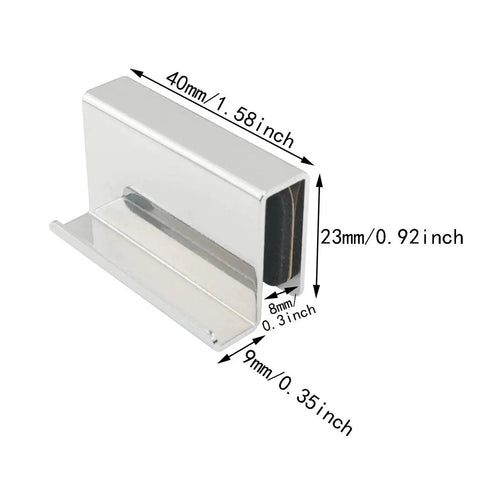 Polished chrome clip of 2 Pack 1.6 Inch Glass Finger Edge Pull Handle For Display Cabinets And Window Doors with dimensions shown.