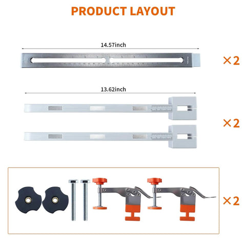 Drawer Slide Jig With Toggle Clamp And Magnetic Arm For Precise Cabinet Installations showing laser engraved dual scale parts and clamps.