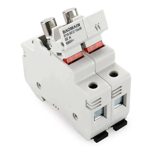 RT18-32 Two Pole Fuse Holder Base With 10x38mm 20A Ceramic Fuses, DIN Rail Mount, front view showing LED indicator and CE Certified mark