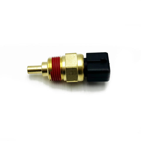 Side view of engine coolant temperature sensor with brass body, red seal, and black plastic connector.