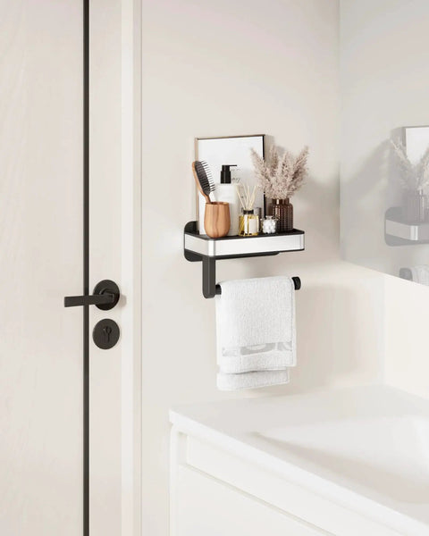 Toilet Paper Holder With Top Shelf And Phone Storage Adhesive And Screw Wall Mount Matte Black Bathroom Organizer in washroom