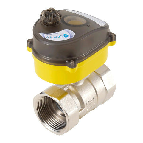 Electric ball valve with yellow actuator, front view, 1¼ in full bore, threaded metal body for water lines