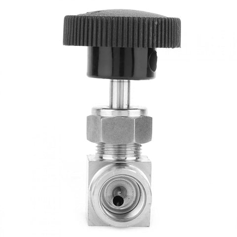Stainless steel needle valve with black knurled knob, 1/4 NPT female x 1/4 NPT female, front view.