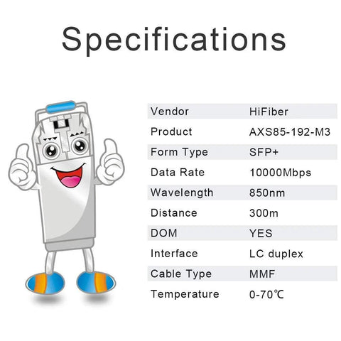 HiFiber SFP+ 10GBase-SR MMF LC transceiver specs: 850nm, 300m, DOM YES, LC duplex