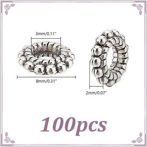Silver Flower Spacer Beads 100 Pcs Daisy Rondelle Beads For DIY Jewelry Making, showing dimensions and thickness.
