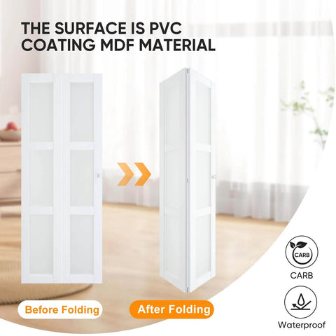 Preassembled 60x80 White Bifold Closet Doors For Pantry With Concealed Hardware Kit, shows before and after folding view.
