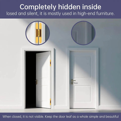 4 Pack 6 Inch Invisible Door Hinges For Concealed Doors Zinc Alloy 180 Degree Swing Adjustable 3 Way Butt Silent Door Hinge Gold Finish Perfect For Hidden Entrances And Slick Modern Interior Doors, installed view with open and closed doors, highlighting the hidden hinge in gold.