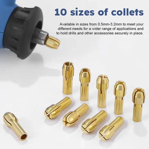 Drill Chuck Collet Set For Dremel Tools, 10 brass collets in sizes 1/32 to 1/8 inch showcased, highlighting versatility for DIY projects
