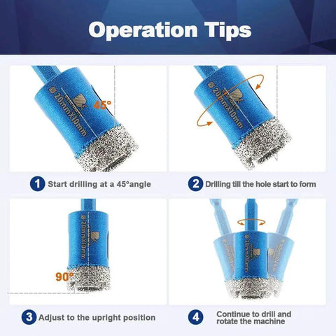 Operation tips for 25mm Diamond Core Drill Bit Set Two Pack With 1 Inch Hex Shanks For Dry Drilling Porcelain Ceramic Stone Granite Marble Tiles, Diamond Grit 50 60, Quick Fit 6.5mm Shank.