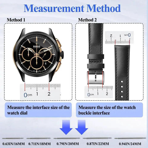 Illustration showing measurement methods for Heavy Duty Watch Band Pins Kit With 20 Spring Bars And Cleaning Cloth Pro Grade Replacement Pins And Link Removal Tool Includes Single And Double Ended Pin Punches For 16mm To 24mm Straps.