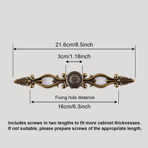 Vintage Bronze Patina Finish Cabinet Hardware Set Of 10 6.3 Inch Post Spacing Retro Flower Pattern Bar Pull with measurements