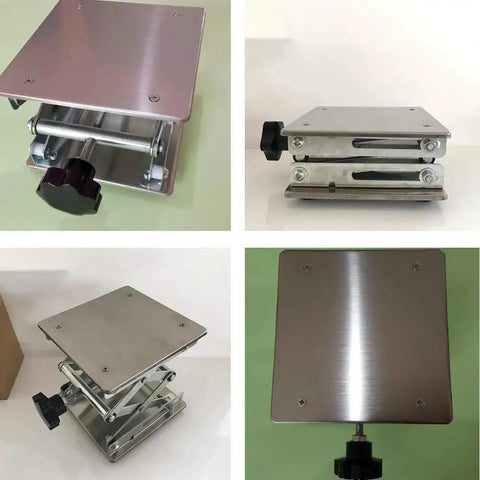 Stainless Steel Lab Jack Stand Platform 8x8 Inch Scissor Lift 80-326mm 50kg showing varied angles and scissor lift mechanism.
