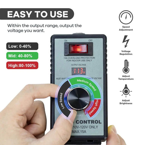 AC Motor Variable Speed Controller 120V 15A Max with LED Voltage Display in use, showing knob for speed adjustment.