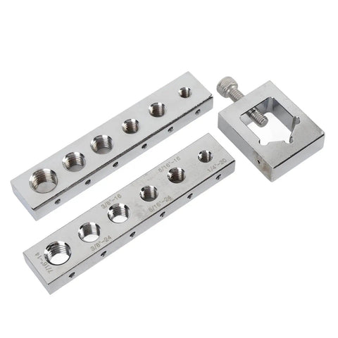 Achieve precise bolt drilling and secure safety wire installations with this carbon steel drill jig set shown in disassembled view.