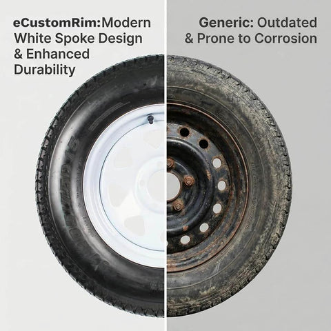 Comparison of modern white spoke trailer wheel vs. rusty generic wheel, illustrating durability and design differences.
